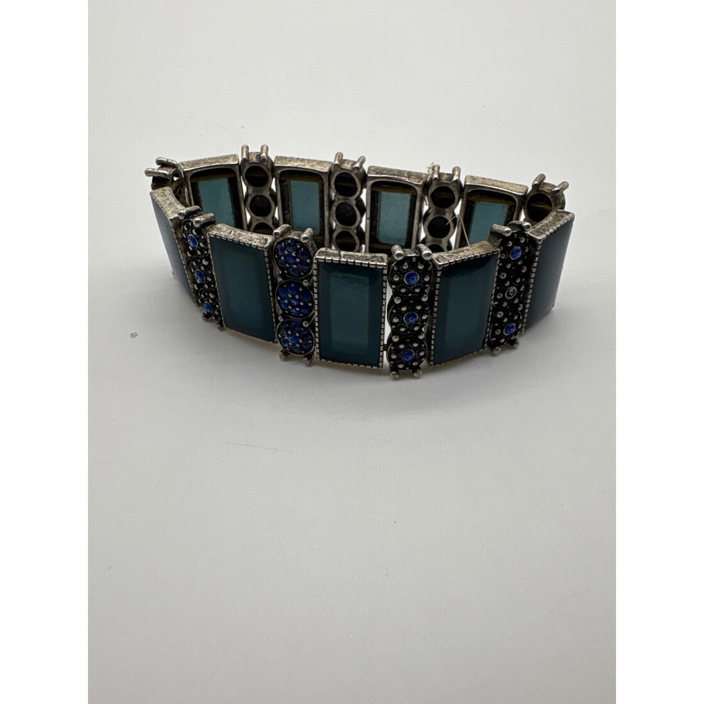 Teal Resin and Cobalt Blue Rhinestone Silver Tone Panel Stretch Bracelet